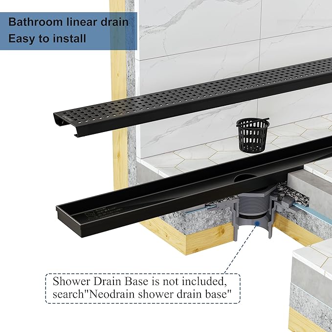Neodrain 36-Inch Black Linear Shower Drain with Removable Quadrato Pattern Grate,304 Stainless Steel Rectangle Shower Floor Drain, Linear Drain with Leveling Feet,Hair Strainer,Matte Black