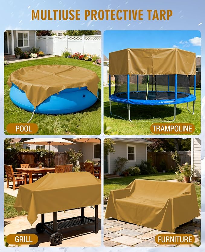 HIRALIY 20 Mil Heavy Duty Waterproof Tarp, 7x12ft Brown Tarpaulin with Reinforced Webbing Loops, Multipurpose Oxford Fabric Tarp for Firewood, Roof, Camping, Pool