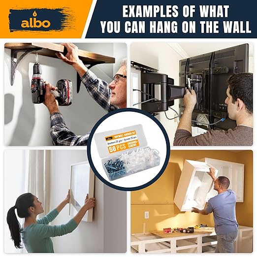 ALBO Drywall Anchor Kit Hollow Wall with Screws 50 pcs. (White Anchor 25pcs + Screws 25pcs) Plastic Hollow Wall Drilling Anchors