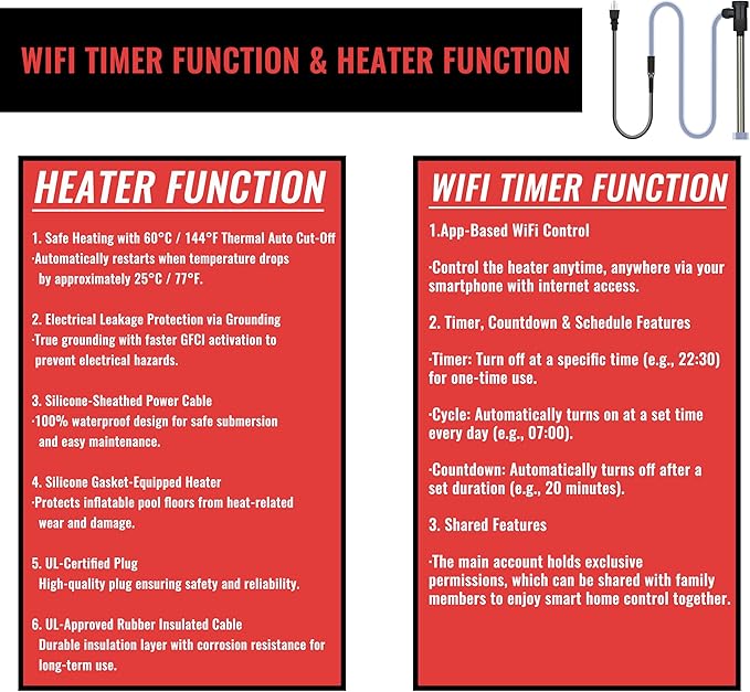 3500W 240V Inflatable Pool 316 Immersion Water Heater with Wifi Timer & Temp Control – Portable Submersible Heater for Spa, Bucket, Above-Ground Pool, Baptismal Pool, Hot Tub & Bathtub