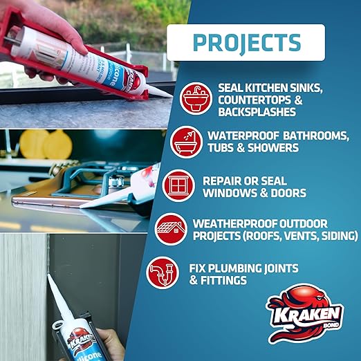Kraken Bond RTV Silicone Caulk Clear - (48x10.1 fl.oz.) 100% Silicone Sealant Waterproof, Flexible Kitchen Sink Sealant, Caulking Sealant for Window and Door, 48 Pack