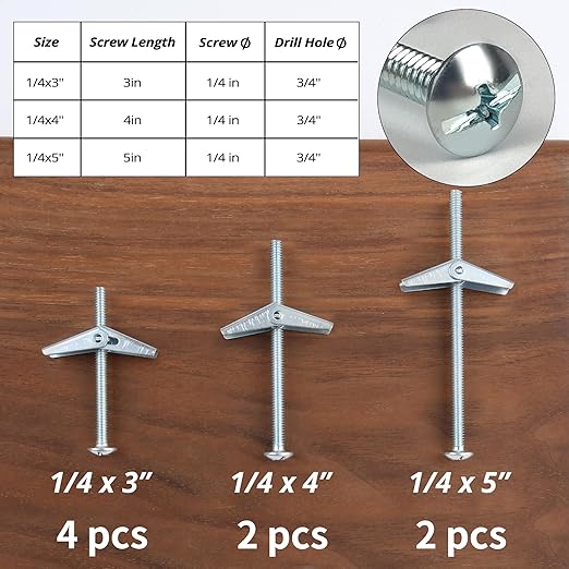 HASWARE Toggle Bolt Zinc Plated Steel and Wing Nut for Hanging Heavy Items on Drywall 1/4 Multi (8 Pack)