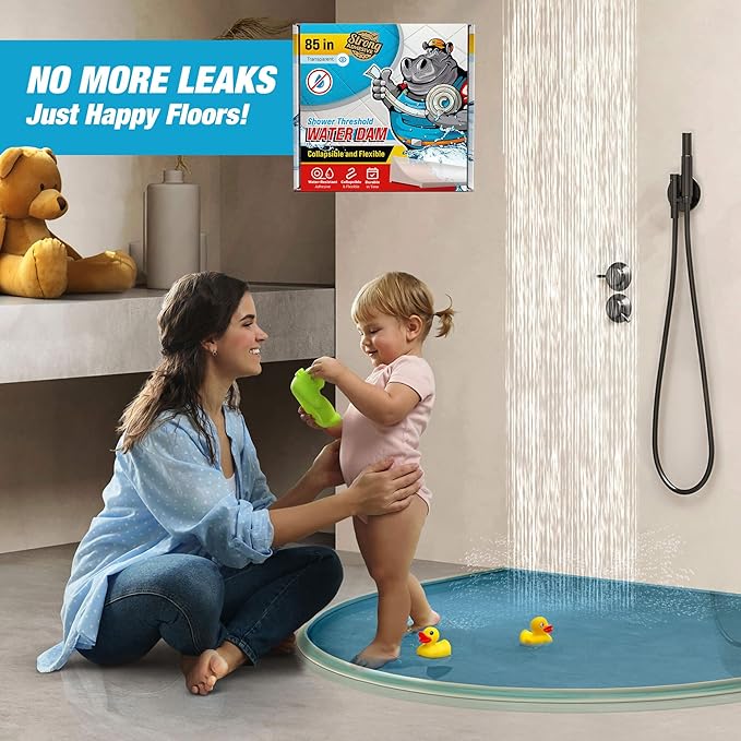 Shower Threshold Water Dam Barrier 85" - Transparent Collapsible Shower Water Blocker - Guard for Walk in Shower - Water Guard Stopper for Floor - Shower Door Water Blocker by Hippo Dam