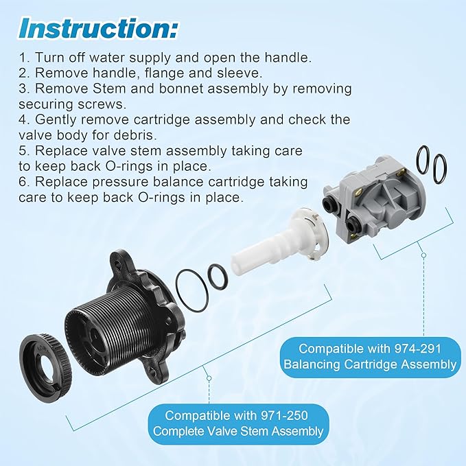 Dreyoo 2 Pieces Pressure Balancing Cartridge and Valve Stem Assembly, Compatible with 971-2500 and 974-2910, Compatible with Pfister 0X8/JX8/VB8/JV8 Deep Casting Valve, for Single Handle Tub/Shower