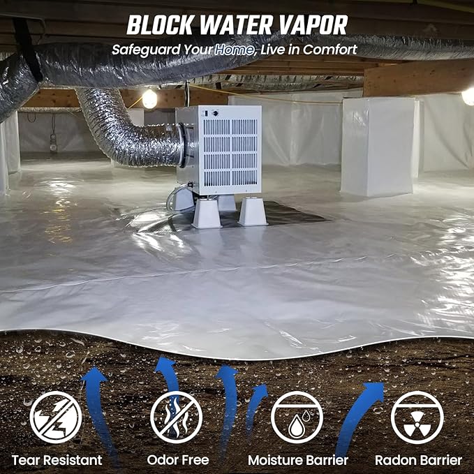 Crawl Space Vapor Barrier - 15 Mil Vapor Barrier - (12' x 24'), Tear Resistant, Heavy Duty Vapor Barrier Plastic, Drop Cloth Moisture Barrier Plastic Sheeting Covering for Crawlspace Encapsulation