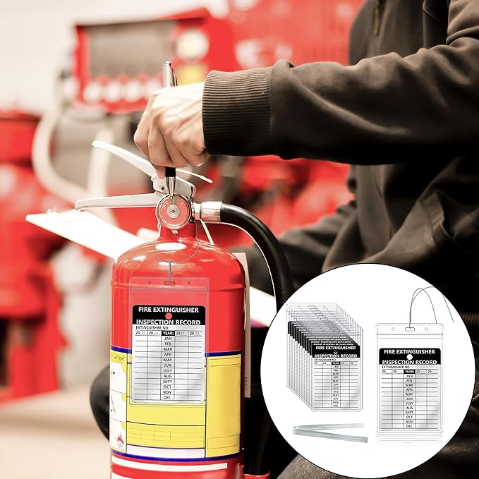 50 Pcs Fire Extinguisher Inspection Tag Waterproof Plastic Cover 2.67 x 4.53 Inch Service Record Tags Durable Aluminum Metal Tags Tamper Seal with Iron Wire Resealable for Indoor and Outdoor (50)