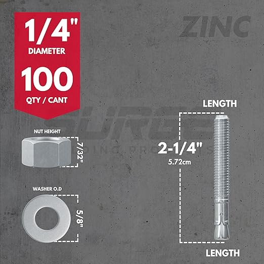 1/4" x 2-1/4" Zinc-Plated Wedge Anchors for Concrete and Cement | Heavy-Duty 1/4 Concrete Anchors (Box of 100)