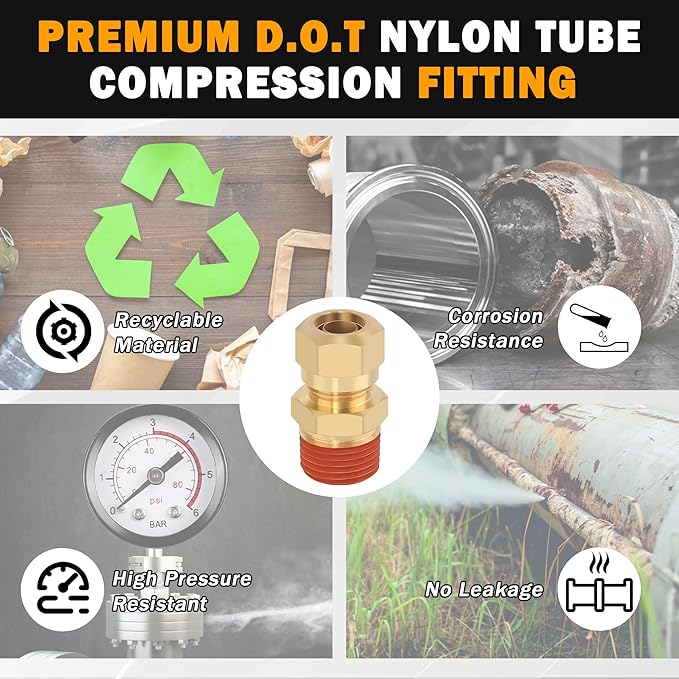 5PCS 3/8" Tube OD x 3/8" NPT Thread Connect Fittings Brass Union Straight Joint DOT Approved, Air Line Adapter Air Suspension Kit for Truck Trailers and Air Brake System