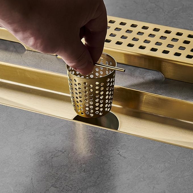 Linear Shower Floor Drain, Brushed Gold 54 Inch 304 Stainless Steel Bathroom Drains Kit, Long Rectangular Shower Trench Drain with Square Pattern Drain Cover & Hair Catcher