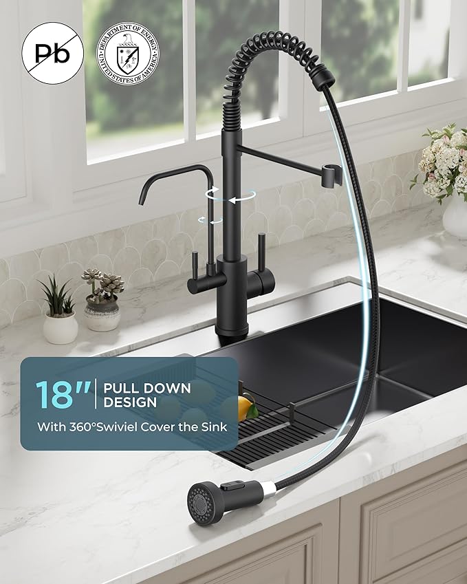 FORIOUS Black Kitchen Faucet with Purfied Water Filter, 2 in 1 Commercial Stainless Steel Pull Down Sink Faucet and Drinking Water Faucet 2 Handle for Pot Filler Kitchen Sink Farmhouse Bar