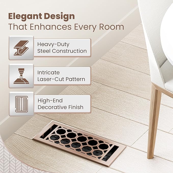 Floor Register 4x10 Vent Cover – 2 Pack – Heavy-Duty Steel, Rustproof & Walkable Grates, Drop-in Install, Adjustable Air Supply Switch - Decorative Honeycomb Design, Satin Bronze