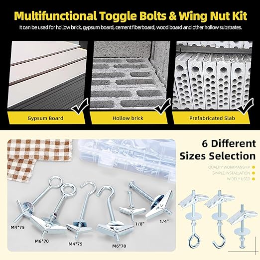 30Pcs 3 Types Toggle Bolts Assortment Kit, M4 M6 Toggle Bolt Eye Bolt Butterfly Anchors and 1/4", 1/8" Butterfly Toggle Anchors, Drywall Anchors with Wing Nut for Hanging Lamps Heavy Items