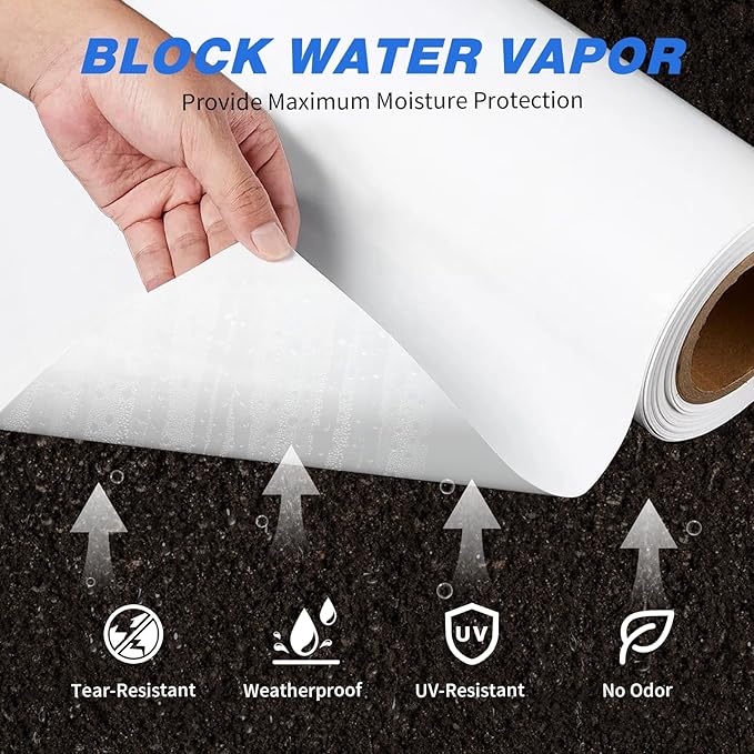 White Crawl Space Vapor Barrier, 16 Mil Vapor Barrier, 10' x 50', White Thick Plastic Sheeting, Heavy Duty Polyethylene Film, White Plastic Drop Cloth Covering for Crawlspace, Basement