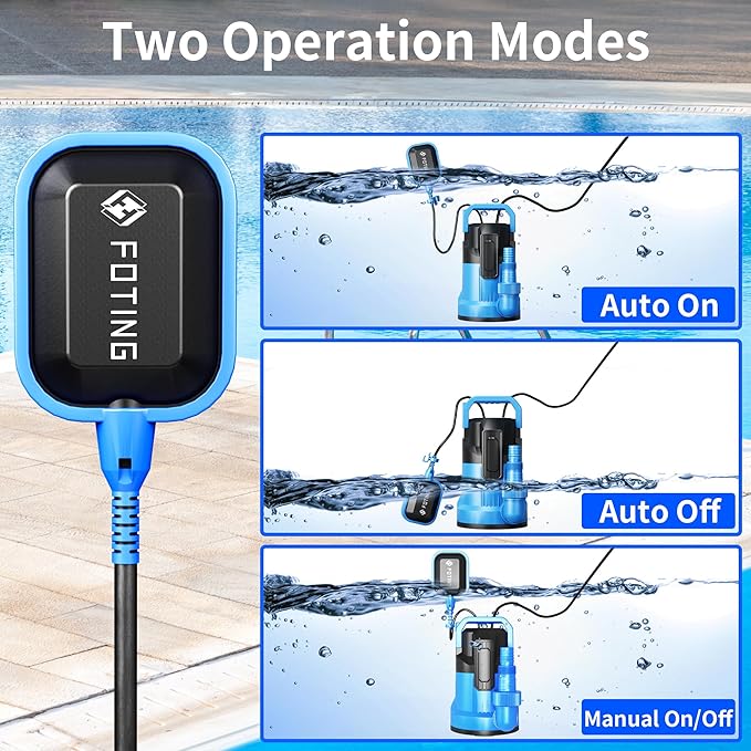 FOTING 4900GPH Sump Pump Automatic & Maunal,Drian Up to 0.04",with Float Switch,Big Flow Clean & Dirty 1/2HP Submersible Water Pump,10FT Electric Utility Pump for Pool Draining Hot Tub Garden Basement