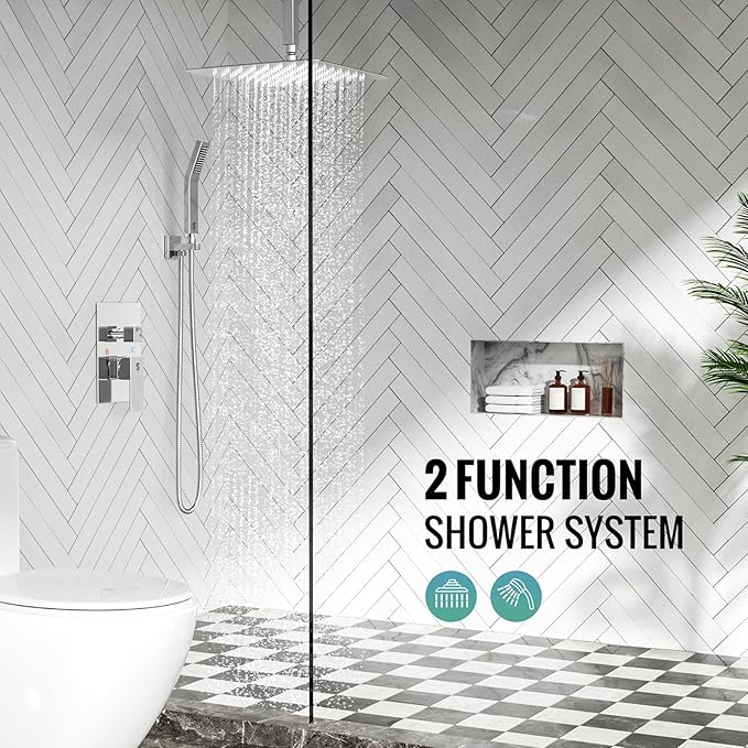 SR SUN RISE SRSH-C1003 Ceiling Mount Bathroom Luxury Rain Mixer Shower Combo Set Rainfall Shower Head System 10 Inch Polished Chrome (Contain Shower Faucet Rough-In Valve Body and Trim）