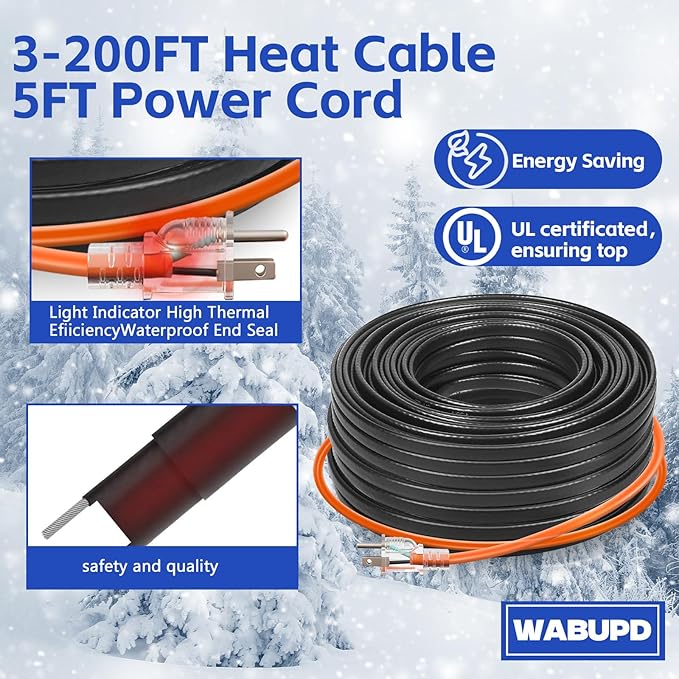3FT-200FT Heat Tape for Water Pipes, -40°F Deicing Pipe Heat Cable,Electric Heating Cable Pipe,Frezze Protection for Heat Trace Cable for Metal, Plastic Home Pipes,Gutter,120V 5W/ft（120FT）