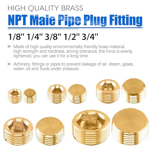 Glarks 6Pcs Brass 1/4'' NPT Male Pipe Plug Fitting Set Internal Hex Thread Socket Pipe Plug Assortment Kit