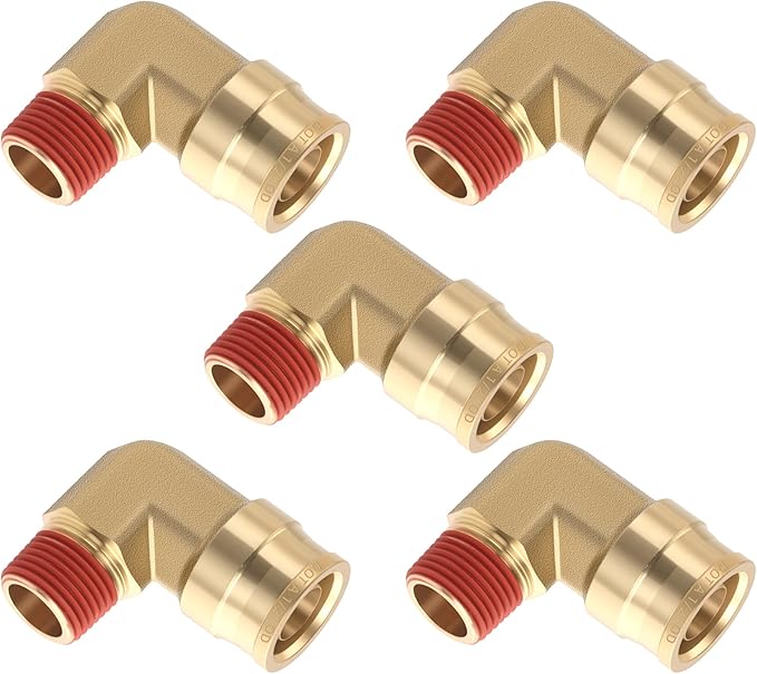 5PCS DOT Air Brake Line Fittings Brass 90 Degree Union Elbow Joint DOT Approved 1/2" Tube OD x 3/8" NPT Thread Air Brake Line Adapter Air Suspension Kit for Car Truck Trailers