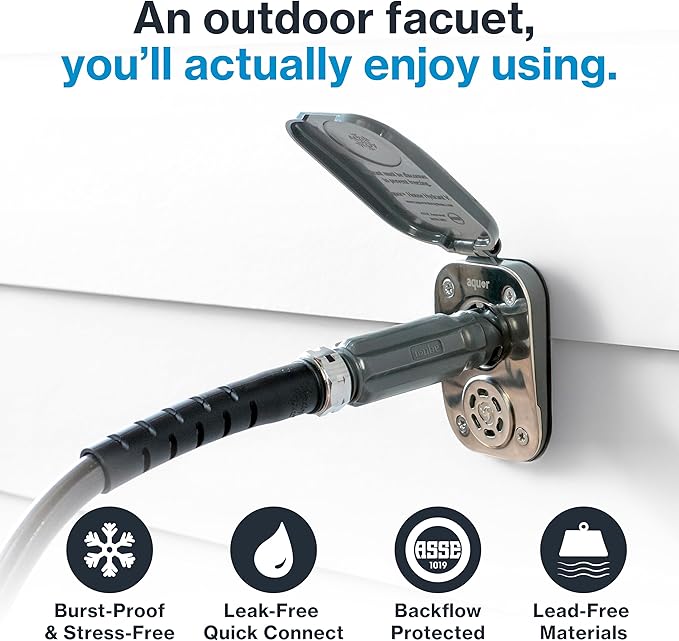Aquor House Hydrant V2+ Frost Free Outdoor Faucet, Anti Siphon Valve with Quick Connect, Frost Proof Flush Wall Hose Bib, 8 inch Stem, 9-1/2 inch Install Depth, Slate Gray