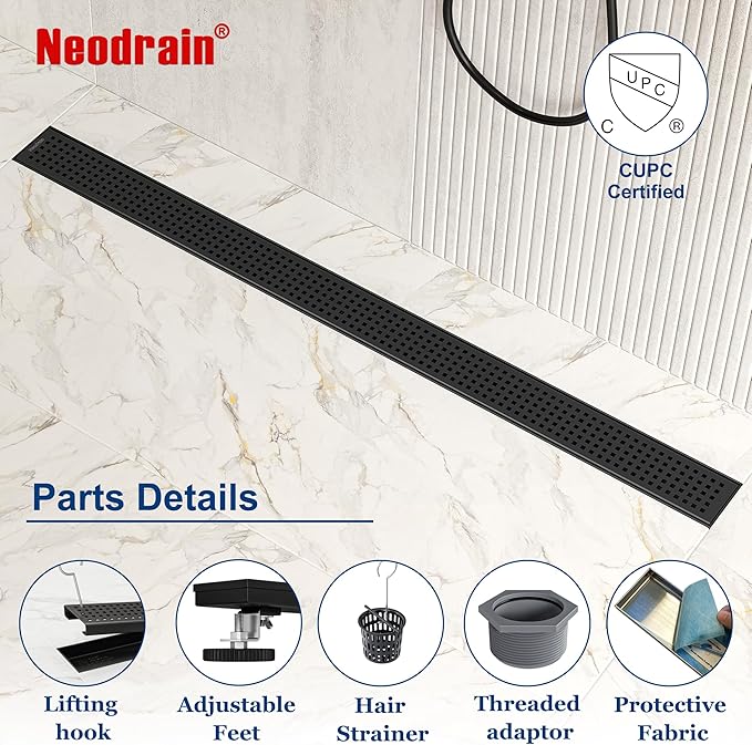 Neodrain 72-Inch Black Linear Shower Drain with Removable Quadrato Pattern Grate,Professional 304 Stainless Steel Rectangle Shower Floor Drain Manufacturer,Leveling Feet,Hair Strainer,Matte Black