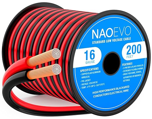 NAOEVO 16 Gauge Wire 200FT, 2 Conductors Electrical Wire Red Black Cable, Flexible/Low Voltage/PVC 16 AWG Copper Clad Aluminum Extension Cord for Speaker, LED Strips, Automotive 12V/24V DC