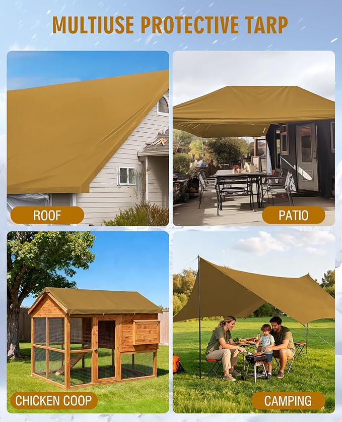 HIRALIY 20 Mil Heavy Duty Waterproof Tarp, 7x12ft Brown Tarpaulin with Reinforced Webbing Loops, Multipurpose Oxford Fabric Tarp for Firewood, Roof, Camping, Pool