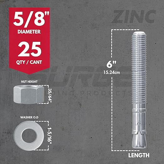 5/8 x 6 Zinc-Plated Wedge Anchors for Concrete and Cement | Heavy-Duty 5/8 Concrete Anchors (Box of 25)