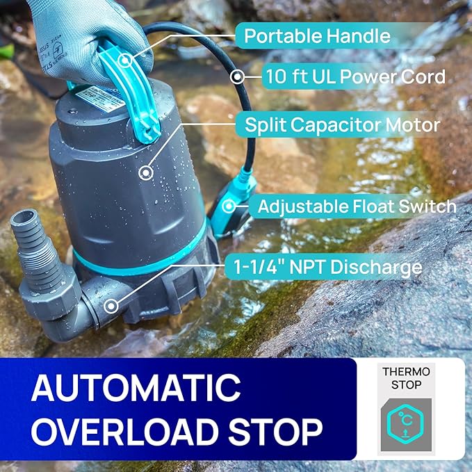 Aquastrong 1/2 HP Utility Pump 3159 GPH Submersible Water Pump with Float Switch, Draining Flooded Basement, Pool, Hot Tub, Pond, Garden Irrigation, 10ft Cord