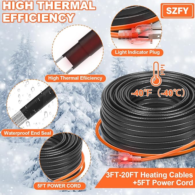 9FT Heat Tape for Water Pipes, -40°F Deicing Cable,Pipe Heating Cables for Roof,Gutter，Farm，Freeze Protetion Heat Trace Cable, Heated Water Hose,Plumbing Fixtures,120V 5W/FT