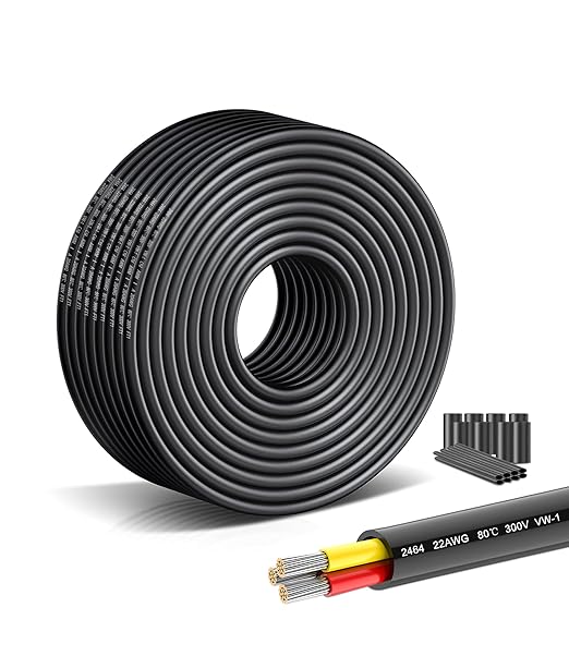 22 Gauge Stranded Copper Wire 22/3 AWG Oxygen-Free Hookup Cable - 49.21FT UL2464 Certified Flexible PVC Cord for LED Strip Lighting, Car Audio Systems, 5V/12V/24V Low Voltage Applications