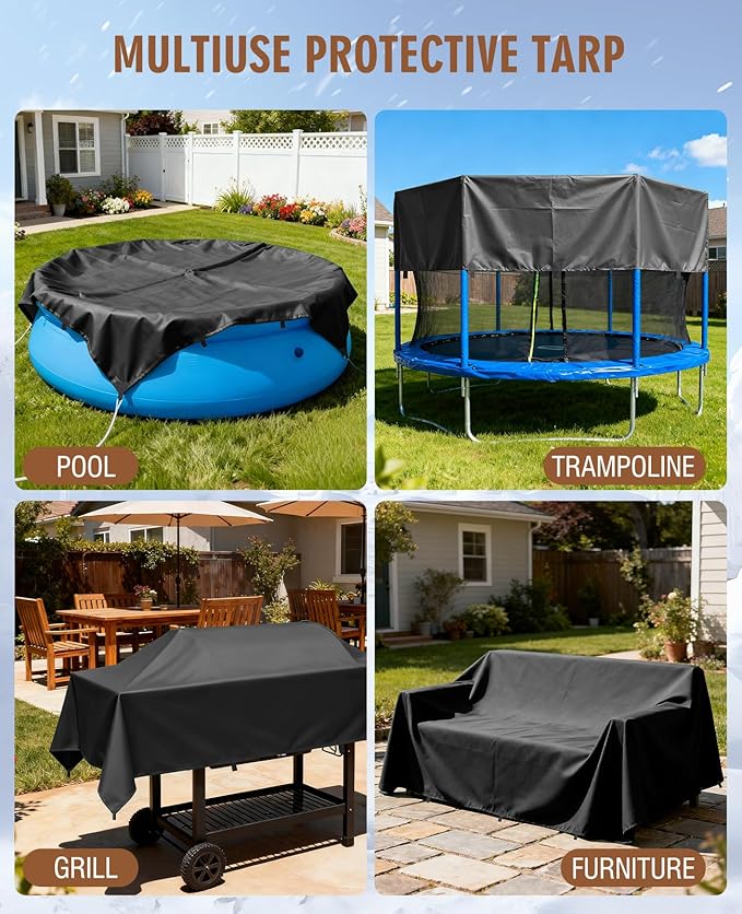 HIRALIY 20 Mil Heavy Duty Waterproof Tarp, 10.5x20ft Black Tarpaulin with Reinforced Webbing Loops, Multipurpose Oxford Fabric Tarp for Firewood, Roof, Camping, Pool