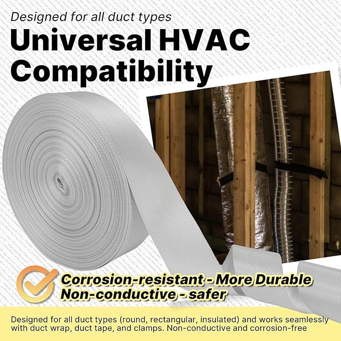 Heavy Duty Duct Strap – 1.95 in x 147 ft Grey Nylon Strapping for HVAC Duct, Durable Wrap Support Band for Building & Home Improvement