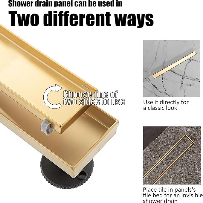 28 inch Linear Shower Drain with Removable Square Hole Panel by Using Brushed 304 Stainless Steel Process, Linear Drain Equipped with Adjustable Feet and Hair Strainer(Brushed Gold Color)