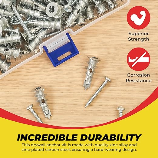 Qualihome Zinc Self Drilling Drywall Anchor Hollow Wall Anchor Kit with Screws - Metal Self Drilling Drywall Anchors with Wide Screw Fins - #8 Zinc Drywall Anchors Heavy Duty - 50 Pack - 75 Lbs