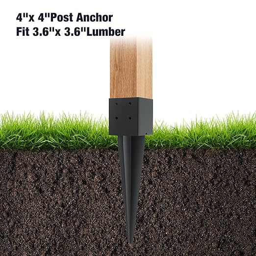 2 Pcs 4"x4" Fence Post Anchor Ground Spike 16"(Actual 3.6"x3.6") Heavy Duty Metal Fence Post Anchor with Black Powder-Coated for Deck,Fence,Porch,Railing,Mailbox