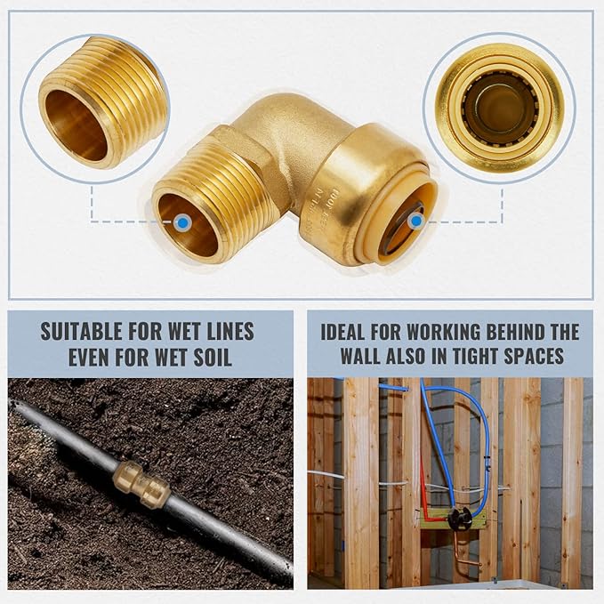 SUNGATOR 3/4 Inch Male Adapter Elbow, 3/4 Inch MNPT, No Lead Brass Push-to-Connect Plumbing Fittings for PEX Pipe, Copper, CPVC, with 1 Disconnect Clip and 1 Sealing Tape, Pack of 3