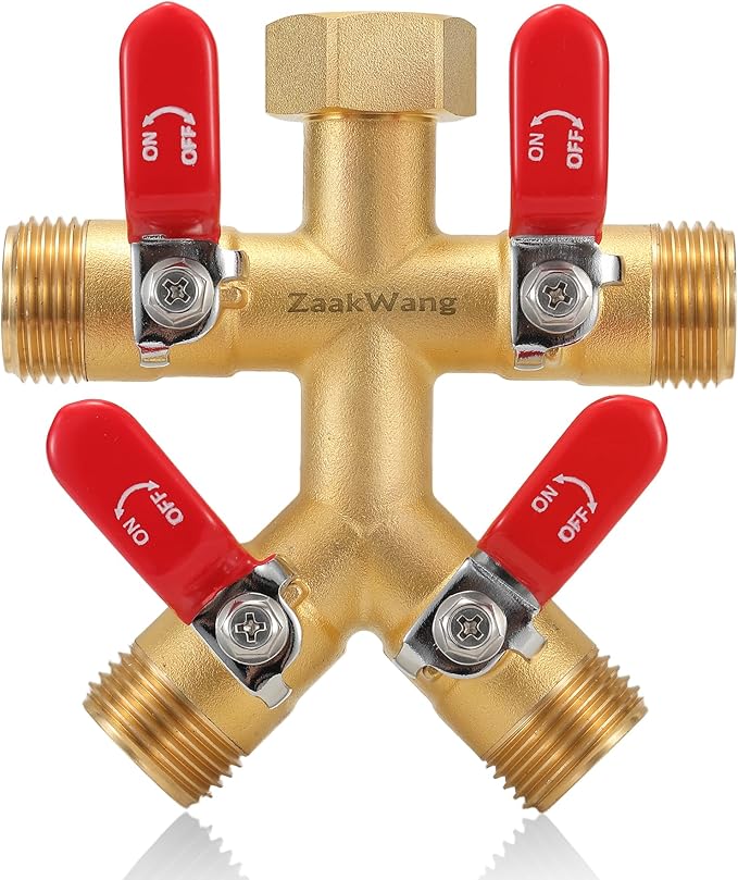 Garden Hose Splitter, 4-Way Full Flow Outdoor Faucet, Heavy Duty Brass Hose Manifold Wiht Red Long Handle, High Flow Faucet Adapter, 3/4-Inch GHT