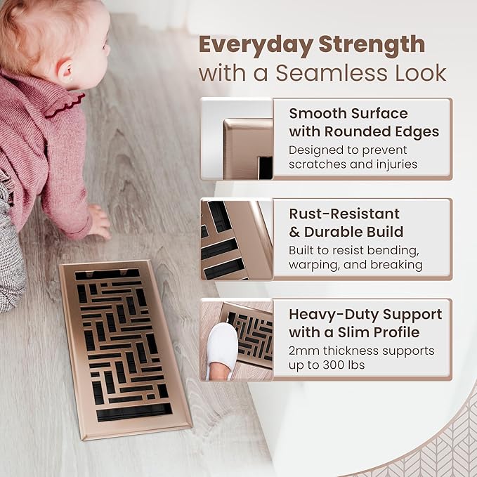 Floor Register 4x10 Vent Cover – 2 Pack – Heavy-Duty Steel, Rustproof & Walkable Grates, Drop-in Install, Adjustable Air Supply Switch - Decorative Herringbone Design, Satin Bronze
