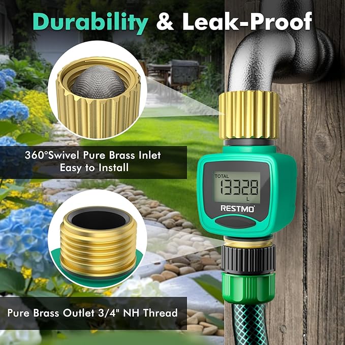[2 Pack] RESTMO Water Flow Meter, Pure Brass Inlet & Outlet | 4 Measure Modes | Display Gallon/Liter Usage and Flow Rate | Ideal to Outdoor Garden Hose, Lawn Sprinkler Watering, RV Water Tank Filling