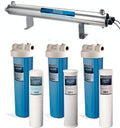Bluonics 110W UV Ultraviolet Light Plus Sediment and Carbon Well Water Filter Purifier System with NPT 1" Ports, 24 GPM UV with 3 Filter Size 4.5” x 20" Filters