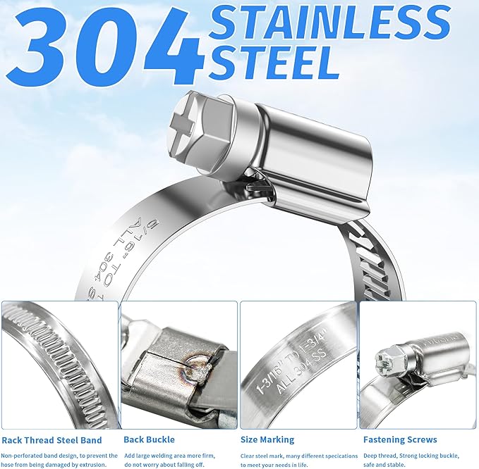 12PCS Heavy Duty Hose Clamps Stainless Steel 304, 2" Hose Clamp to 2-3/4" Hose Clamp (50-70mm) Adjustable Worm Gear Drive Hose Clamps,Reusable Pipe Clamp for Automotive, Garden and Industry