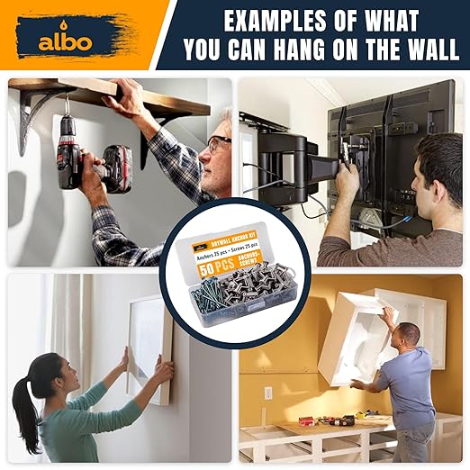 ALBO Drywall Anchor Kit Hollow Wall with Screws 50 pcs. (Grey Anchor 25pcs + Screws 25pcs) Plastic Hollow Wall Drilling Anchors