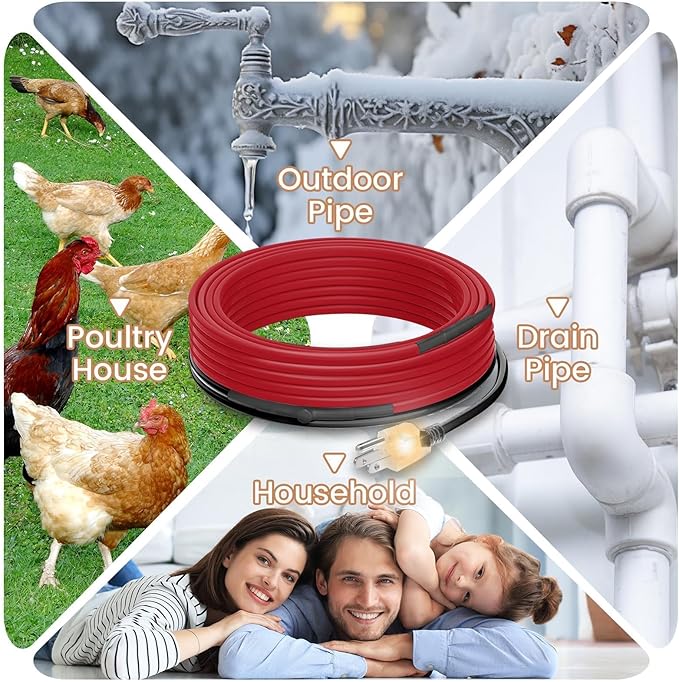 10 FT Heat Tape for Water Pipes Freeze Protection with Thermostat, Electric Heat Trace Pipe Heating Cable Energy-Saving 120V 7W/FT