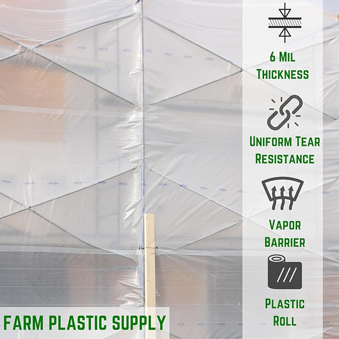 Farm Plastic Supply - Dura Skrim String Reinforced Clear Plastic Sheeting - 6 Mil - (6' x 100') - Reinforced Poly Film Tear Resistant, Weatherproof, Vapor Barrier Polyethylene Roll for Construction
