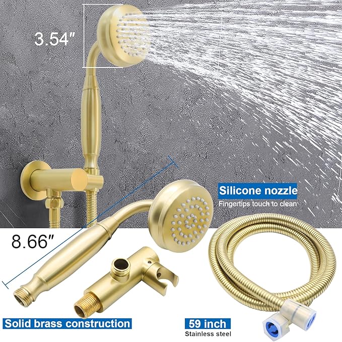 Enga Antique Shower Faucet Sets Dual Heads with 4 Body Jets, 8" + 6" Ceiling & Wall Mount Vintage Shower Head with Handheld Spray Combo, 4 Way Diverter Brass Valve, Brushed Gold