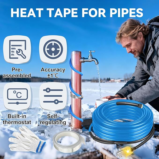 120V Heat Tape with Thermostat for Pipe Freeze Protection, 50 Feet Heat Trace for Water Pipes, 5 W/Ft, Electric Self-regulating Pipe Heating Tape for Metal And Plastic Pipes SnulyHeet