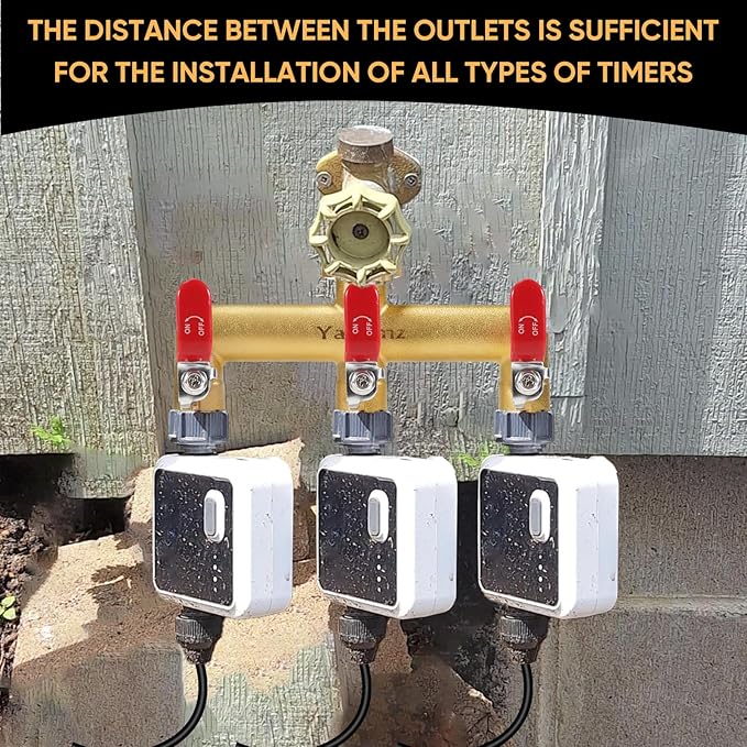 Garden Hose Splitter, 3/4” Rust and Freeze Resistant Outdoor Hose Manifold with 3 Red Extra Long Handles Faucet Adapter-Heavy Duty Brass 3-Way Valve