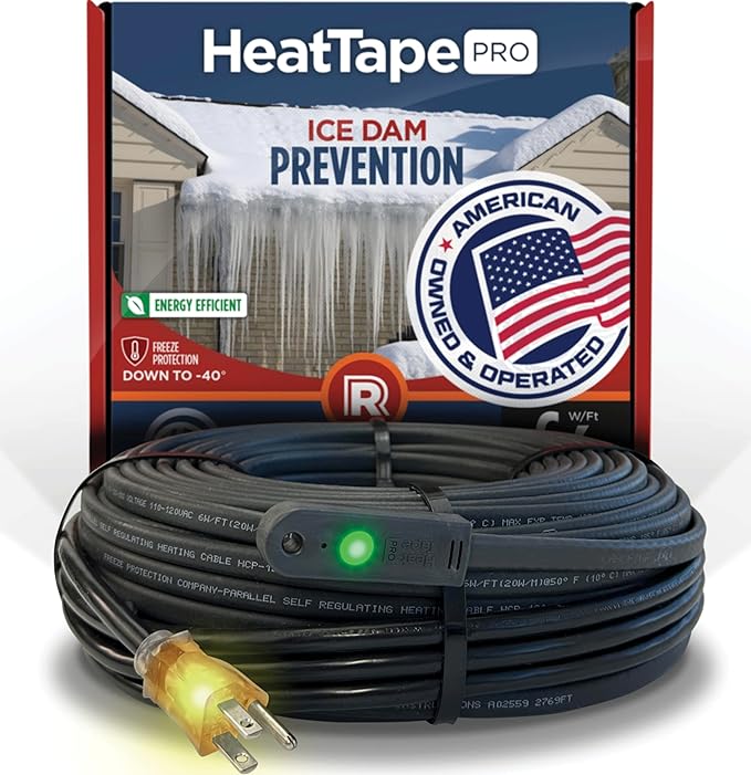 RADIANT SOLUTIONS HeatTapePro - Intelligent Commercial Grade Self-Regulating Heat Cable with GlowCap™ - 10 YR warranty - Ice Dam & Pipe Freeze Protection - 62 ft cable + 10 Ft Cord, 120V, 6 watts/Ft