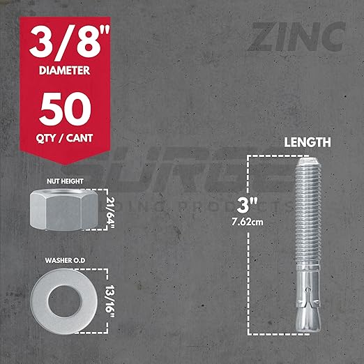 3/8" x 3" Zinc-Plated Wedge Anchors for Concrete and Cement | Heavy-Duty 3/8 Concrete Anchors (Box of 50)