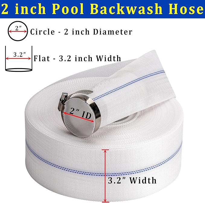Pool Backwash Hose 2” × 100 ft Fiber Reinforced Discharge Hose General Purpose Flexible Lightweight Lay Flat Pump Drain Pipe Hose for Water Transfer (2in-100ft, Anti-abrasion)